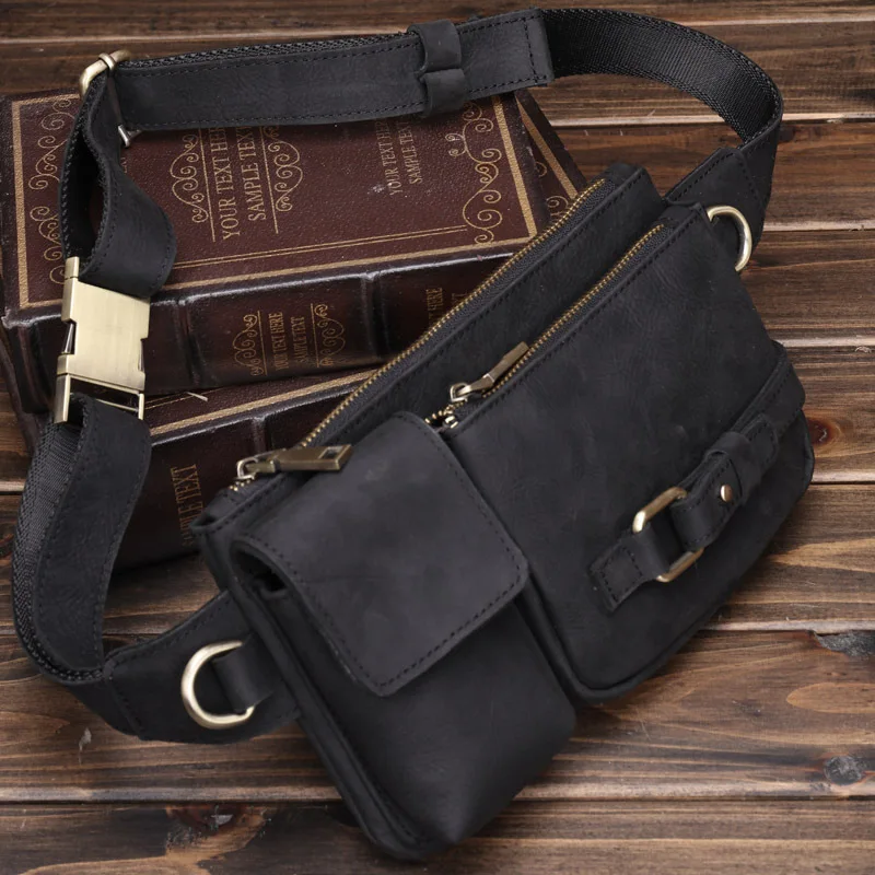 Men's Genuine Crazy Horse Leather Waist Bag Vintage Casual Crossbody Chest Pack, Multi-Functional Cowhide Phone Holder