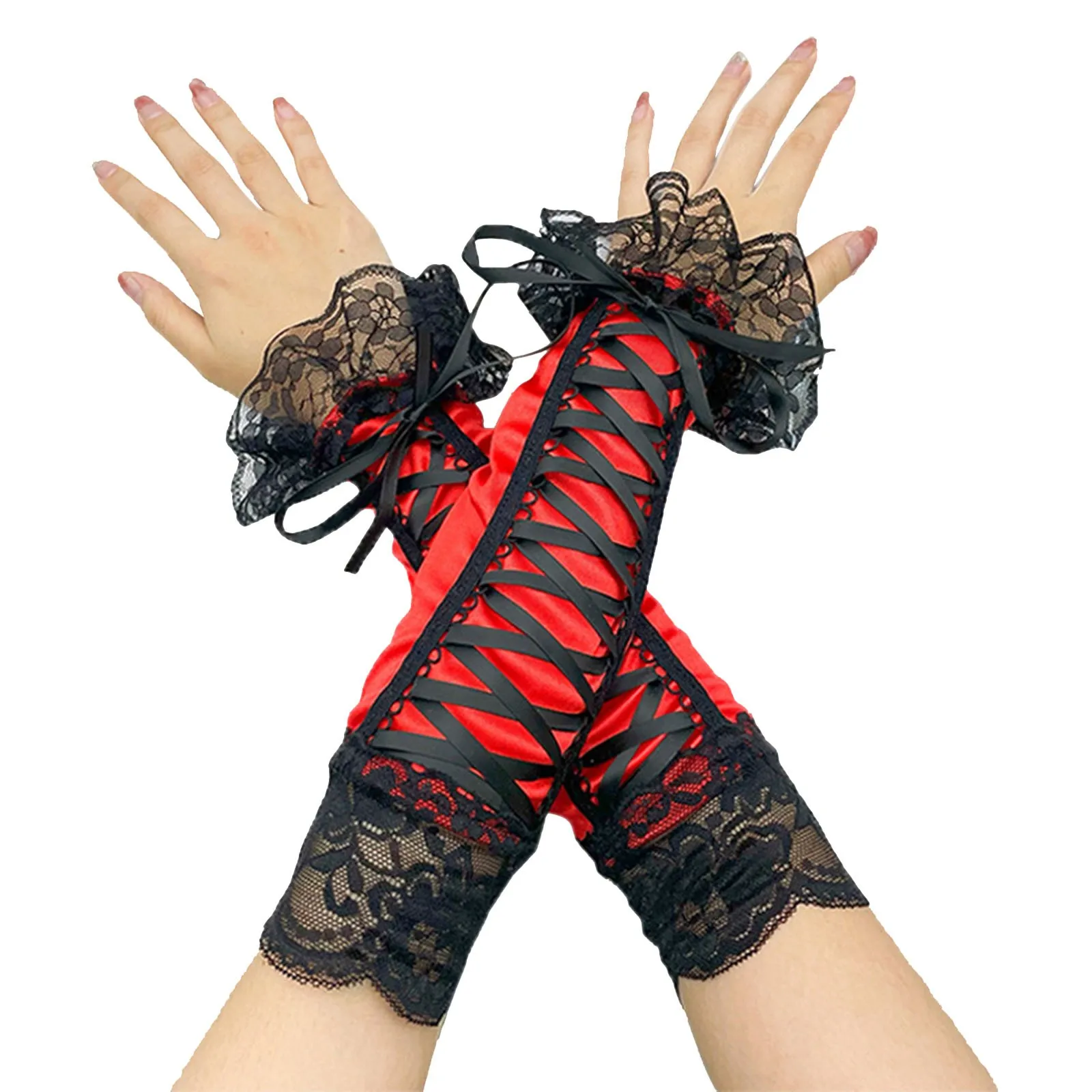 Women Sexy Floral Lace Elbow Length Half-Finger Gloves Black String Ribbon Ties Up Dance Party Fingerless Fishnet Mesh Mittens