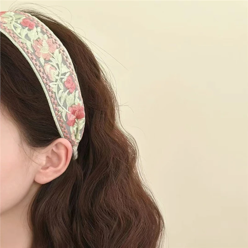 Bordado vintage flor gaze laço cabelo aro para mulheres, cocar para meninas, bohemia étnica headband, acessórios doces, verão