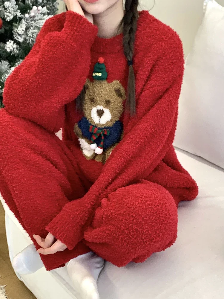 Christmas Cute Bear Red Pajama Sets Women\'s Winter Warm Sweet Round Collar Pullover Coral Fleece Loungewear Pink Fashion