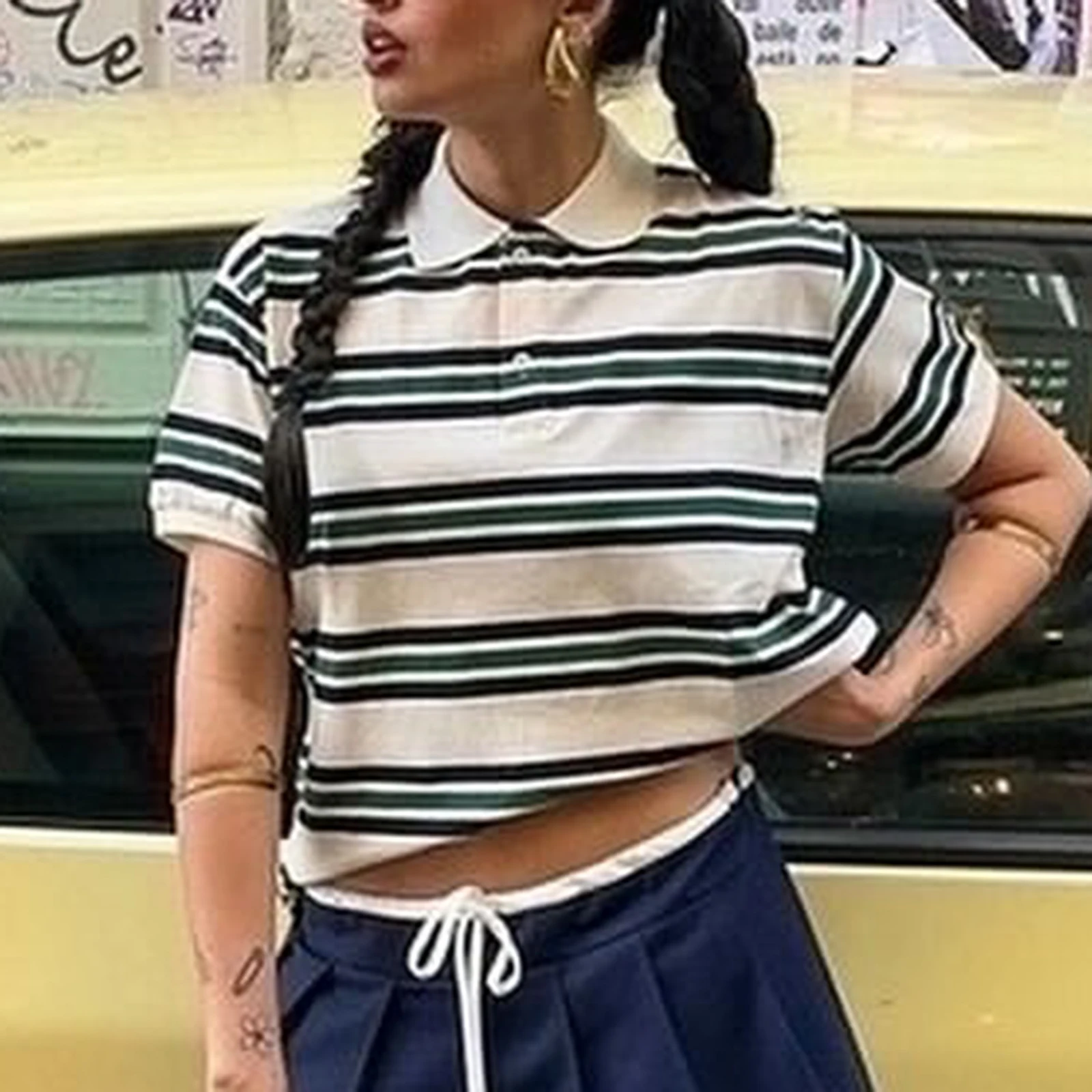 Women Summer Basic T-Shirt Casual Striped Print Lapel Short Sleeve Tops for Streetwear Aesthetic Grunge Clothes image 4