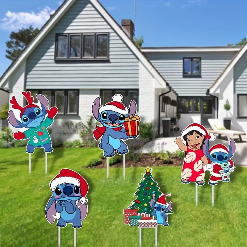 

5pcs Disney Stitch Christmas Yard Signs Outdoor Decorations with Stakes Weatherproof Durable Garden Hunting Props