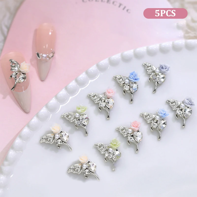 Mini Papillon 3D en Alliage de Clip, Strass en Forme de Camélia, Diamant Brcorporelle Jolie tu, Décorations Astronomiques pour Nail Art, 5 Pièces