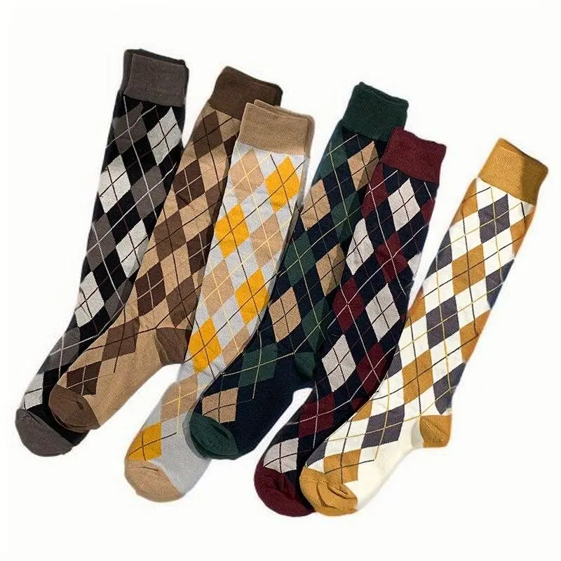 

1 пара женских осенне-зимних гольфов в английском студенческом стиле с ромбовидной клеткой, удобные, толстые трикотажные изделия