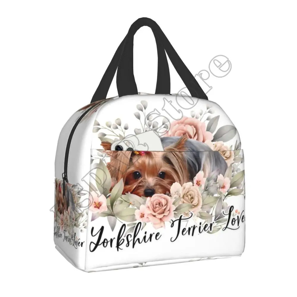 Cute Ribbon Yorkie Love Dog Lunch Bags for Women Boy Girl Reusable Insulated Lunch Box Suitable Travel Work Picnic Beach Office