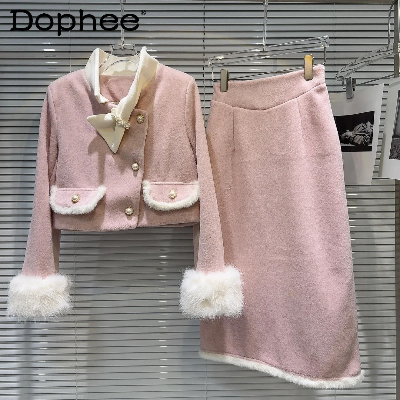 

Skirt Set 2024 Winter New Faux Fur Stitching Long Sleeve Plush Padded Short Coat and Skirt Two Piece Sets Womens Outifits