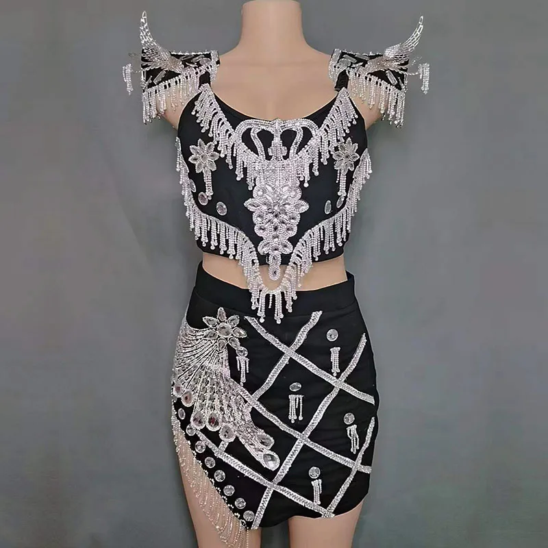 

New Sexy Black and White Rhinestone Shiny Heavy Industry Split Suit Short Skirt Bar Nightclub Concert Female Singer Dance Dress