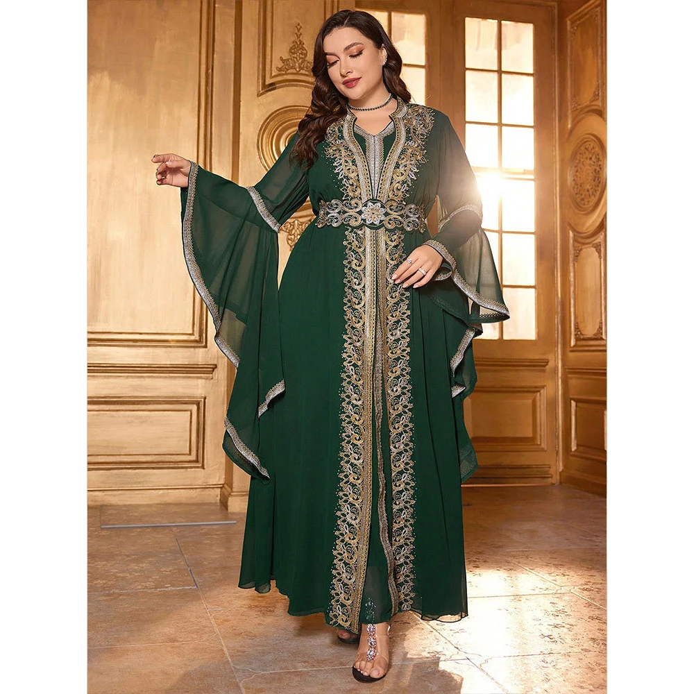 Uni feminino plus size maxi vestidos decalque broca indústria pesada vestido dubai turquia moda aberta abaya vestidos muçulmano 2 peça conjunto