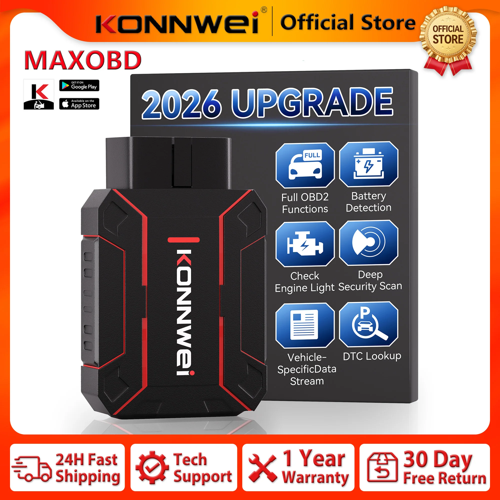 Scanner Profissional KONNWEI MAXOBD 2026, Ferramenta de Diagnóstico OBD2 Bluetooth 5.0, Funções de Sistemas ABS, DPF, EPB, SAS, SRS, TPMS