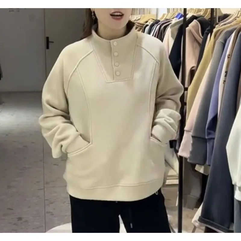 

Half High Collar Solid Color Pullover Long Sleeve Button Pockets Casual Women's Clothing Hoodies Spring Autumn All-match Tops