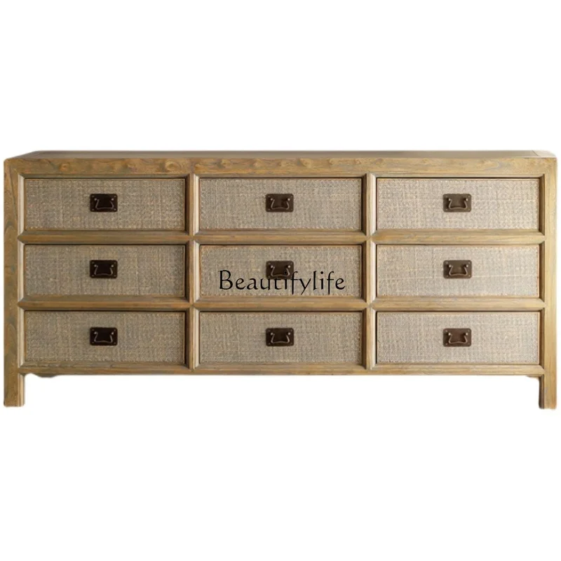 

Solid Wood Nine-Drawer Cabinet Storage Wooden Wall Retro New Chinese Style Distressed Sideboard Cabinet