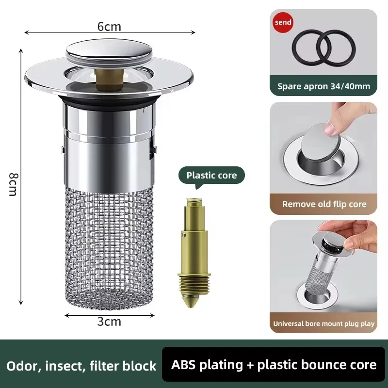 Waschbecken-Stecker, geruchshemmend, Pop-Up-Bounce-Kern, Waschbecken-Stopper, Haarfänger, Dusche, Waschbecken-Sieb, Edelstahl-Filter, springender Kern – Detail 9