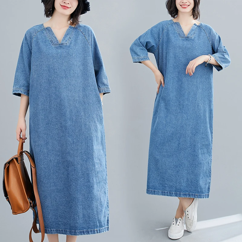 

2025 New Autumn plus Size Women's Korean Sle Loose Slimming Belly Covering Faionable Mid-Length Denim Dr