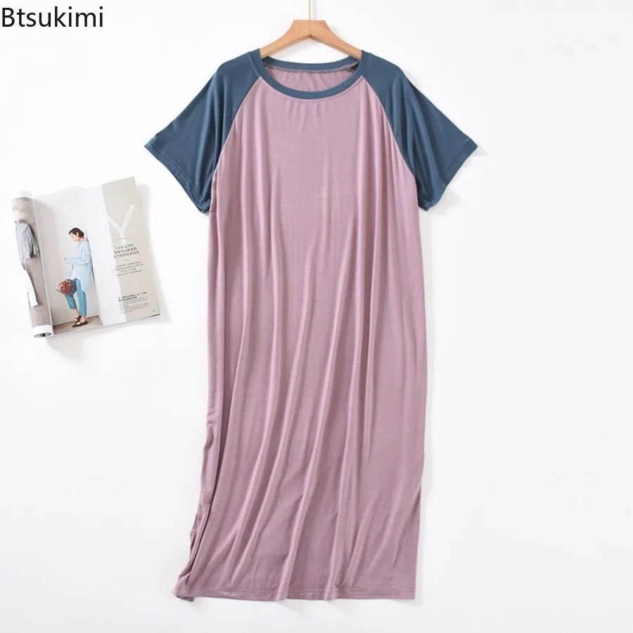 2025 Summer Modal Thin Style Color Blocked Short Sleeved Raglan Sleeve Long Robes for Women Round Neck Home Nightgown Home Wear