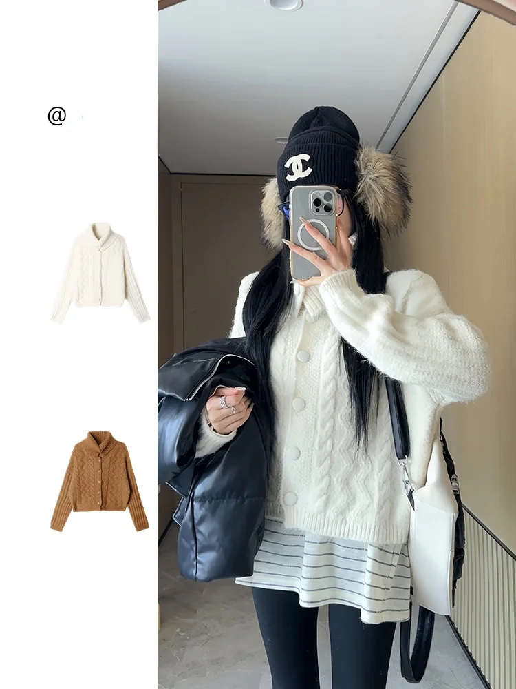 

Повседневный вязаный кардиган с высоким воротником и длинными рукавами для женщин, зимний, модный, теплый, из полиэфирной пряжи, Зима 2025, Новинка