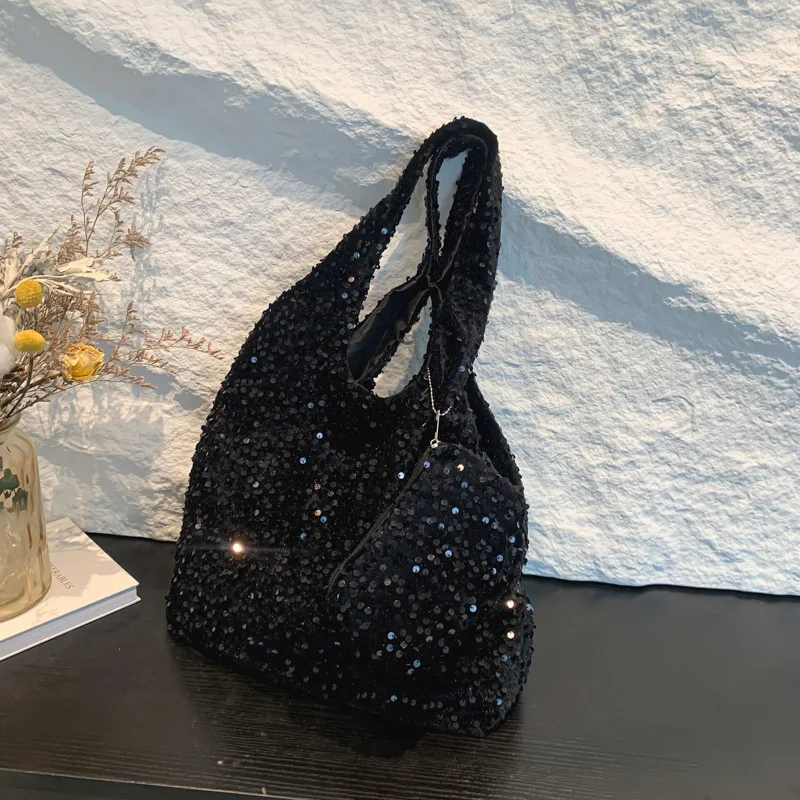 Tote Bag for Women Sequin Shoulder Bag Trendy Hobo Bag Luxury Designer Handbag Slouchy Underarm Bag for Work Travel Shopping image 5