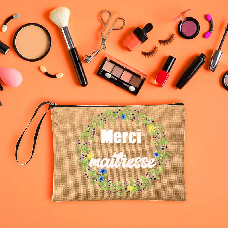 Thanks Teacher French Print  Linen Storage Bags Travel Wash Pouch Large Pencil Case Teacher Gift School Stationery Supplies