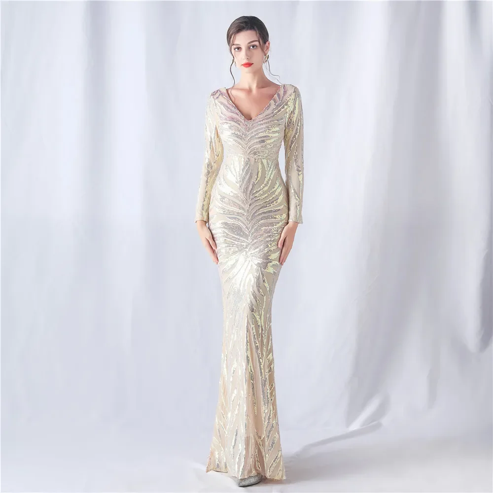 

Sladuo Sexy V Neck Sequin Maxi Dress For Women Winter Long Sleeve Evening Celebrity Club Runway Party Dresses Vestifos