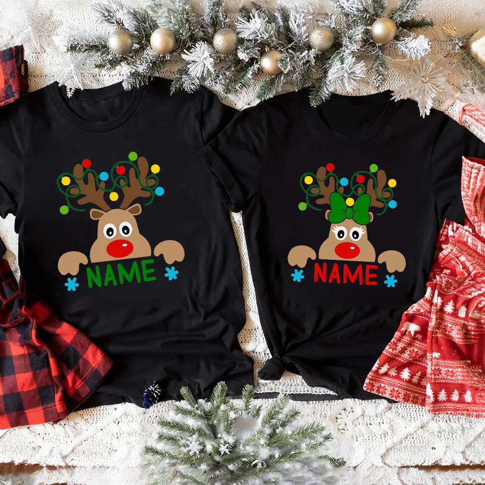 Matching Christmas Family Shirt Custom Name Reindeer Graphic Tees for Family Personalized Holiday Xmas Dad Mom and Me Shirts