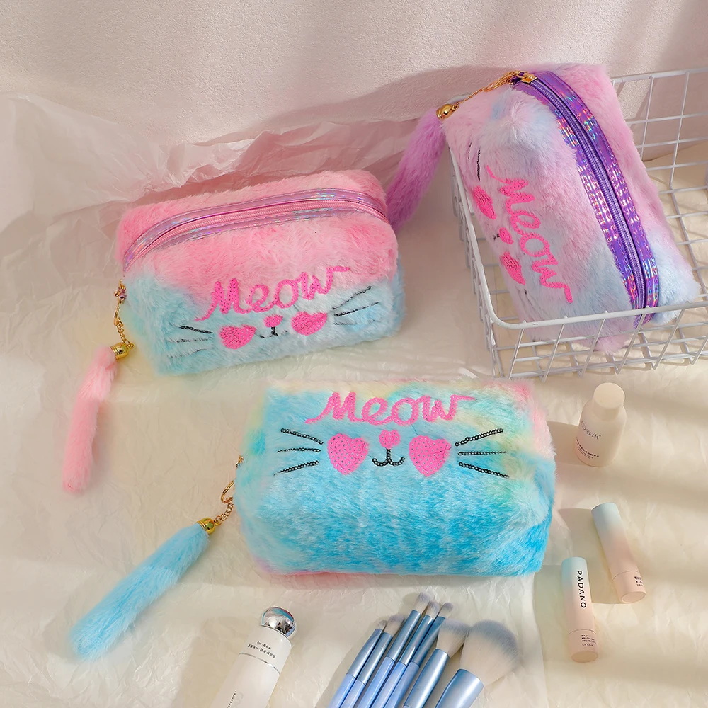 sweet sequins cat large makeup pouch soft rainbow furry travel organizer pouch girls small bag