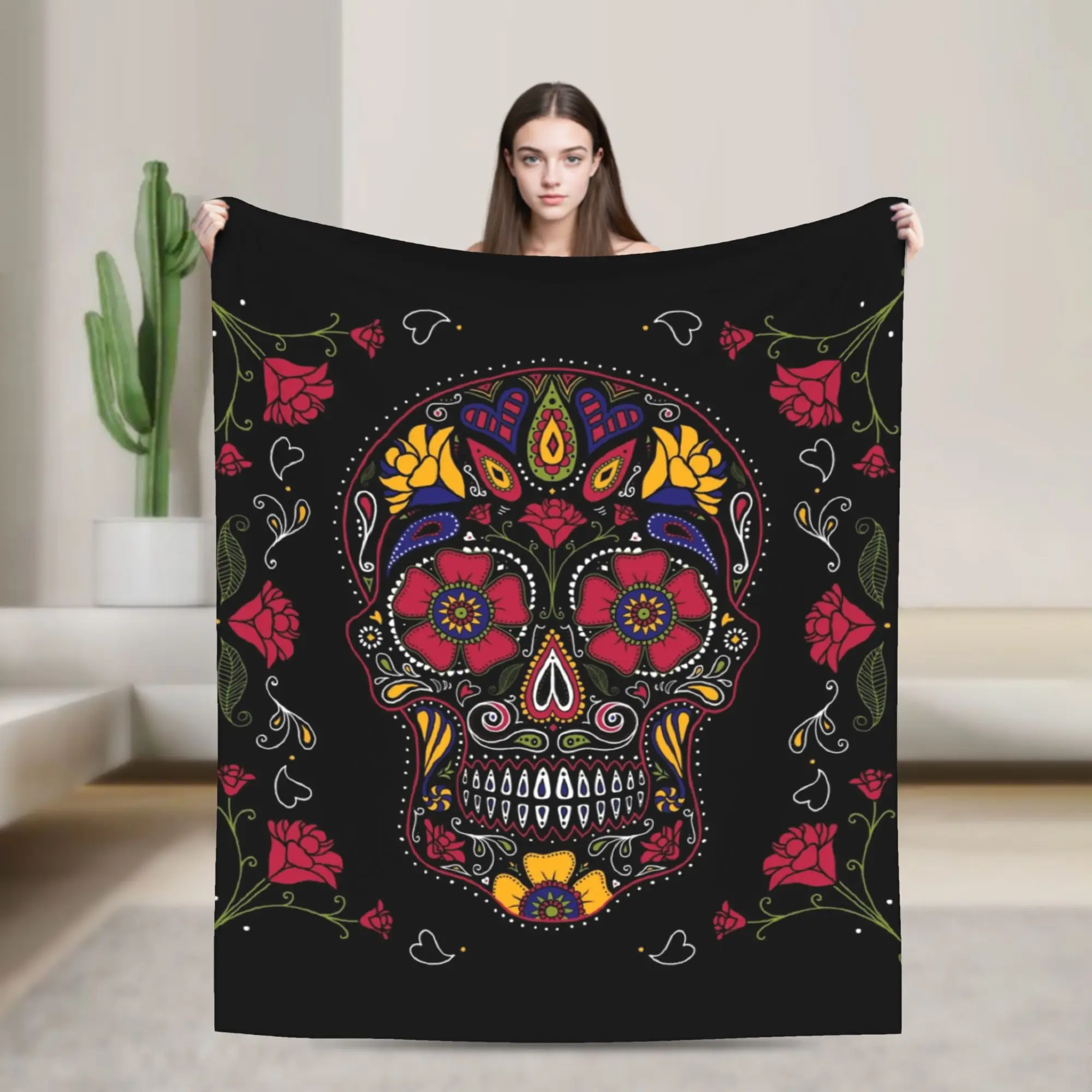 Day of the Dead Sugar Skull Blanket Decor Dia De Los Muertos Flowers Ultra-Soft Throw Blanket for Home Outdoor Plush Thin Quilt