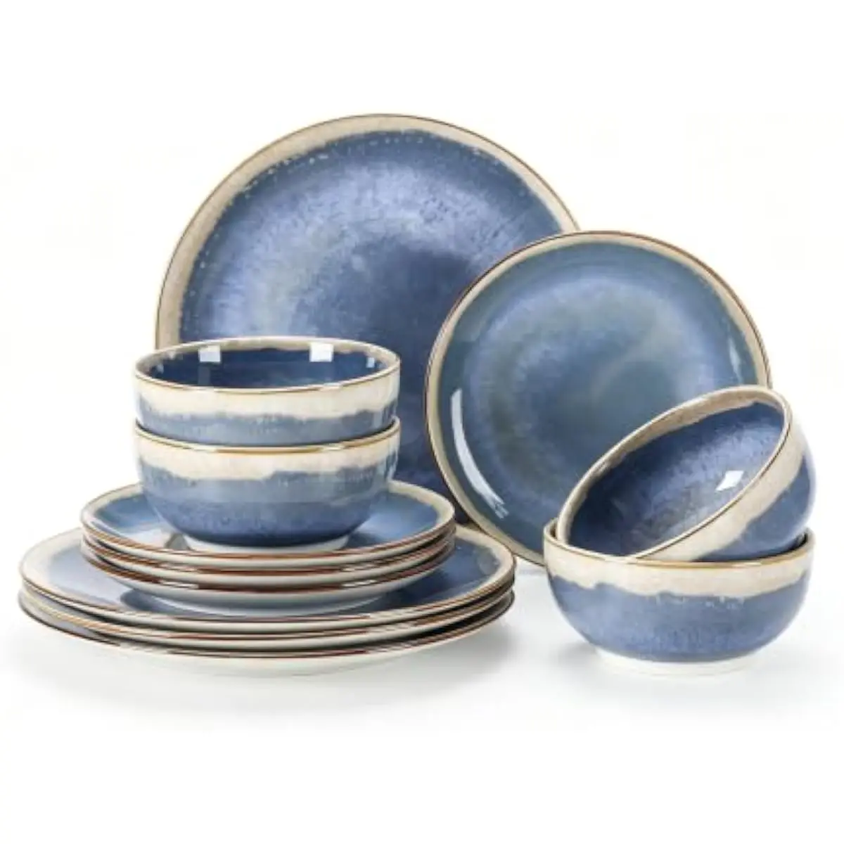 12-piece ceramic dinner set for 4 persons — 10-inch dinner plates, 8-inch salad plates, 5.5-inch deep soup bowls — periwinkle pu
