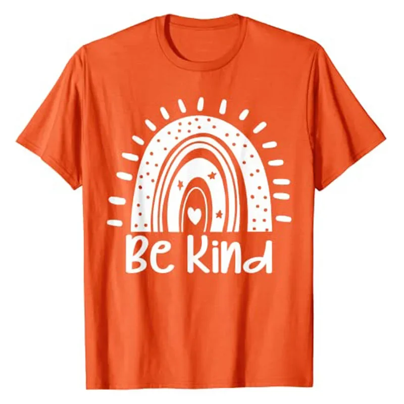 T-shirt décontracté à manches courtes avec citation et motif « Soyez gentil, anti-pression scolaire » pour enfants et adultes – Collection Unity Day Orange Rainbow