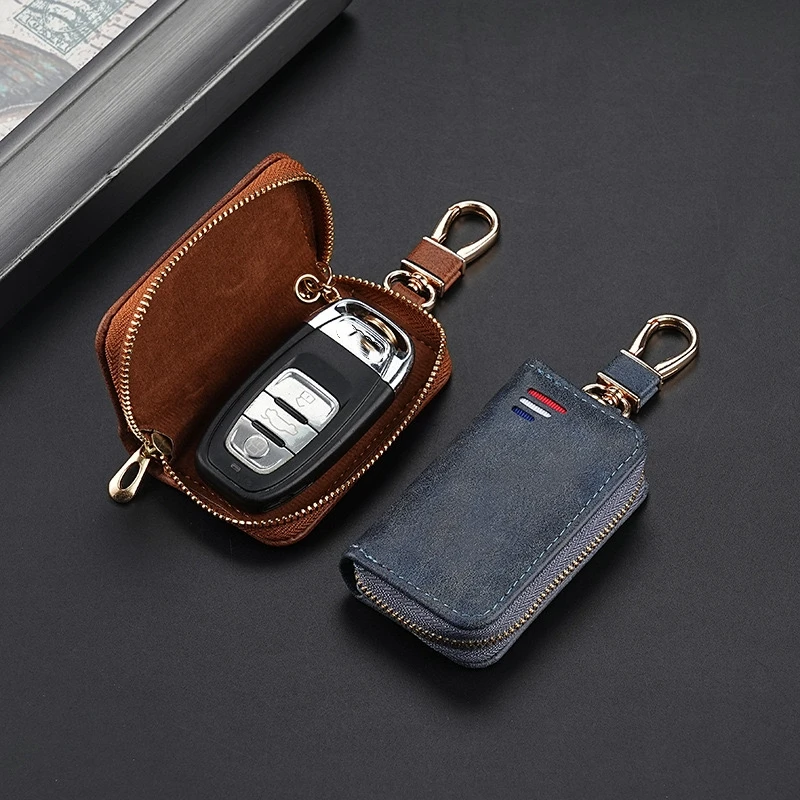 

High-quality PU leather Simple Retro Car Key Case Key Protector Multi-functional Home Use Zipper Lock Key Bag Buckle Black