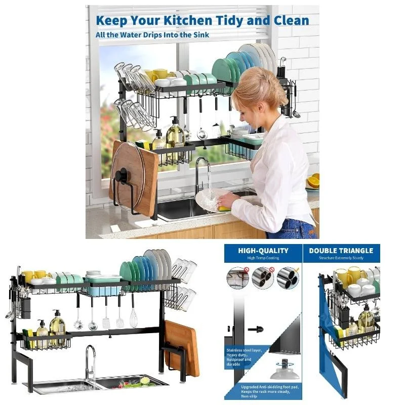 

Expandable over-sink dish drying rack, heavy-duty stainless steel 2-tier drainer with utensil holder, 25.6–36.6in adjustable