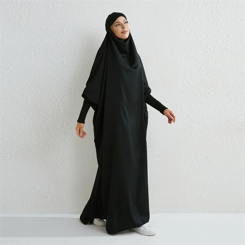 Muslim Abaya Women Jilbab Hooded Smocking Sleeve One-piece Prayer Dress Islamic Clothing Dubai Saudi Black Robe Turkish Modesty