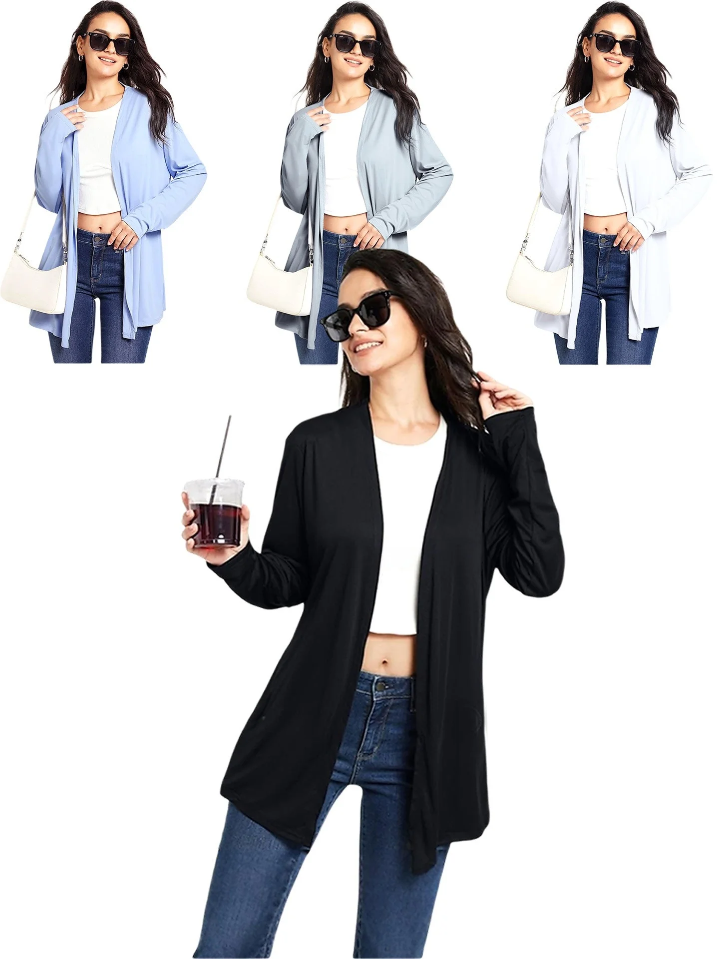 Summer Thin Women's Outdoor Sun Protection 50 Quick Dry Long Sleeve Mid-Length Cover up Casual Open Cardigan T-Shirt 622