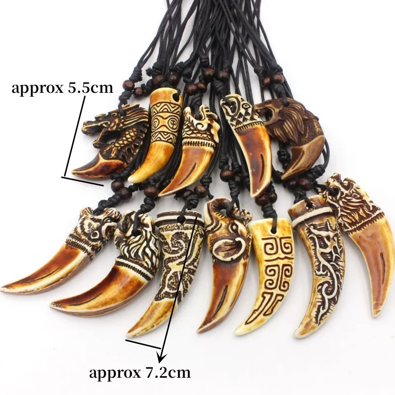 12pcs/Lot Mixed Cool Imitation Bone Carved Dragon Totem Shark/Wolf Tooth Pendant Necklace Elphant Amulet Jewelry Wholesale