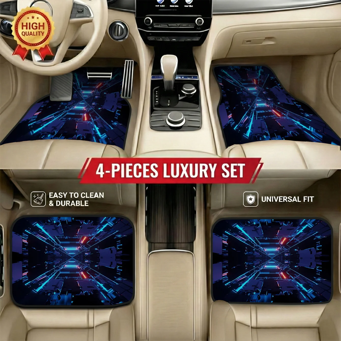 4pcs Stylish Car Mats Featuring Neon Tunnel Design, Modern Interior Accessory, Universal Fit For Hatchbacks Saloons, Easy Care