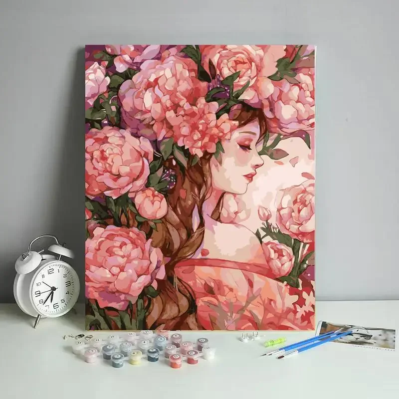 DIY Paint By Numbers Beauty Girl and Rose Flowers Digital Oil Painting for Adults and Kids Romantic Art Decoration