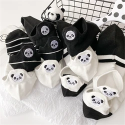 Funny Cute Embroidery Panda Socks Women Harajuku Divertidos Kawaii White Black Striped Short Ankle Sokken