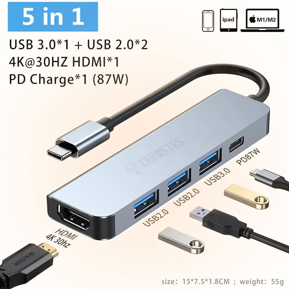 Cerastes-USB cハブドックステーション,USB 3.0タイプCからHDMI互換,macbook pro m1 air m2ラップトップ用のUSB充電アダプター