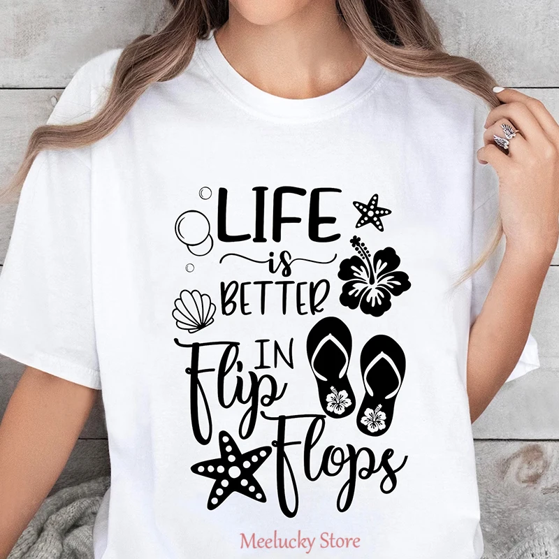 Life is better in flip flops, beautiful printed women's short sleeved top with loose and free flowing design