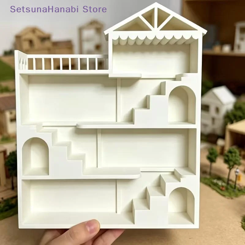 [W]1Pc White Multi Story Staircase Villa Display Shelf For Dollhouse Mini Tiered Organizer With Balcony