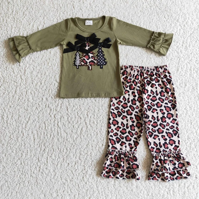 

Wholesale Children Cotton Shirt Leopard Ruffle Pants Baby Girl Christmas Embroidery Tree Outfit Toddler Set Infant Kid Clothes