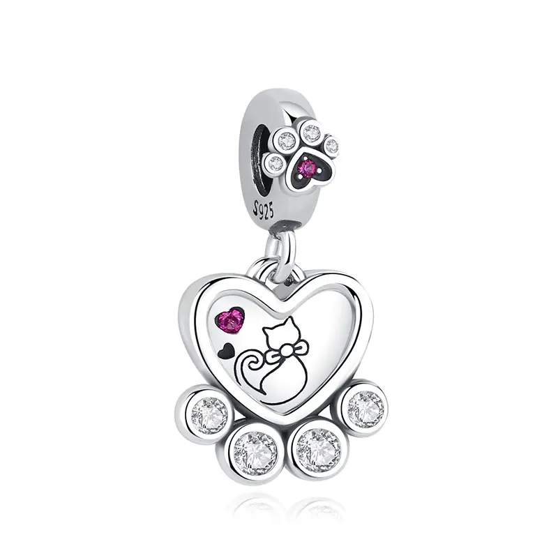 Original 925 Sterling Silber Charms Liebes-Tiermotiv Hund Katze Pfotenabdruck Anhänger Perlen Passend für Marken-Armbänder Halsketten Damen DIY Schmuck