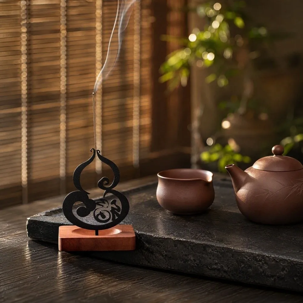 Gourd Incense Burner Mosquito Incense Plate Holder FU Character Lucky Words Anti-Ash Design Sandalwood Storage Rack Wooden
