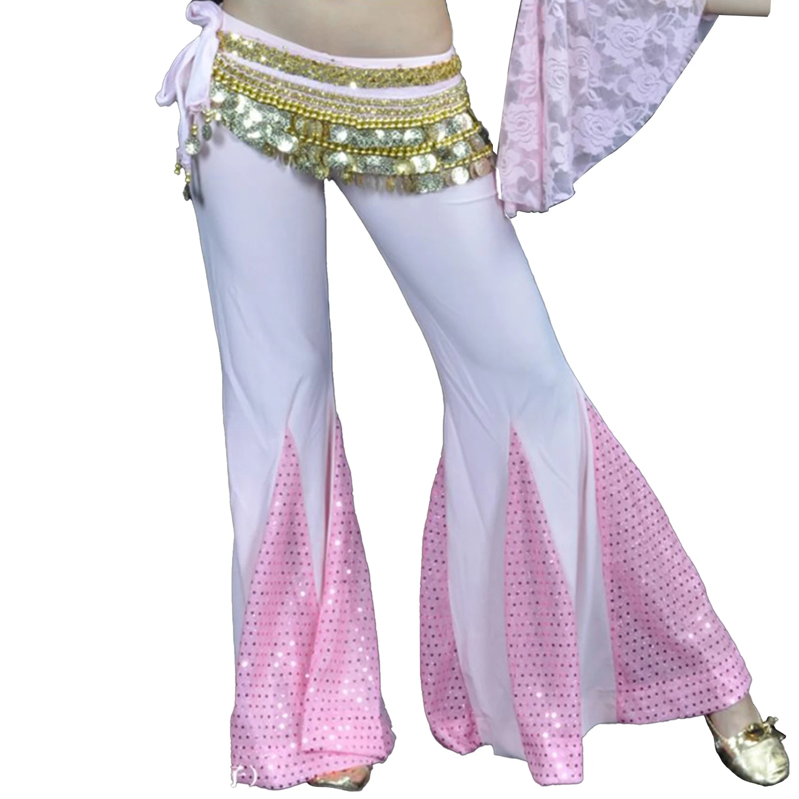 Womens Sparkling Sequins Fishtail Pants Low Rise Bell-Bottoms Flared Trousers for Belly Dance Practice Stage Performance