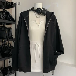 DUOJIHUI siyah Chic kapşonlu temel gevşek kadın Hoodies amerikan moda baskı basit rahat düz renk uzun kollu Hoodies