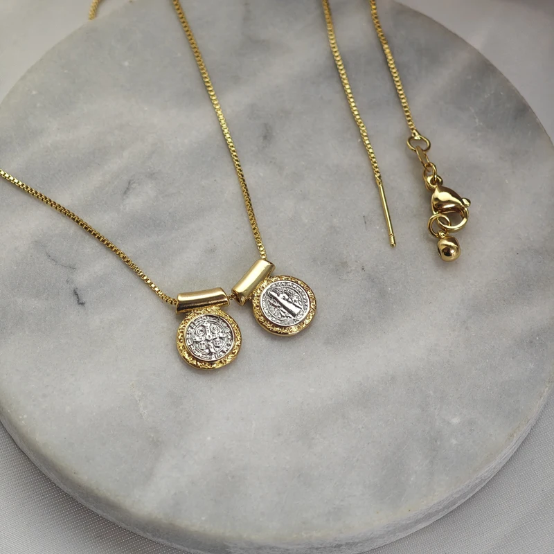 

5 pcs/lot Best-Selling Gold Plated Brass Double Sided SAN Benito Charm Necklace Gold Silver Pendant Cross Necklace Jewelry