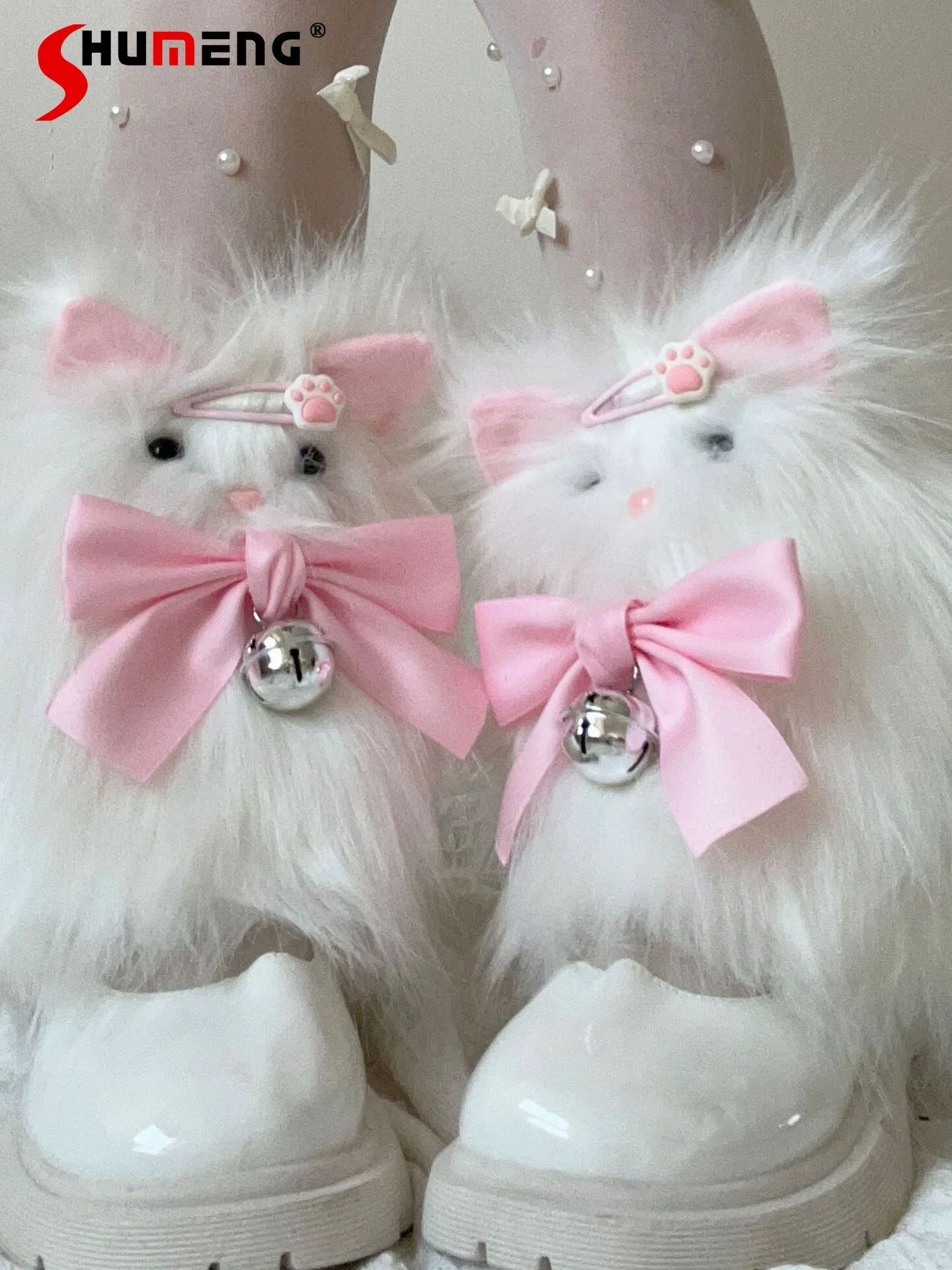 

Japanese Sweet Cute Girl Plush Cat Bell Bowknot Legwarmers Elegant Kawaii Versatile Lolita Furry Leg Warmers for Women Winter