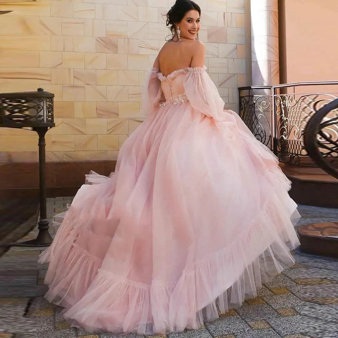 

Sweety Pink Puffy Sleeve A Line Prom Dresses Sweetheart Appliques Pleat Ruched Floor Length Elegant Formal Party Evening Gowns