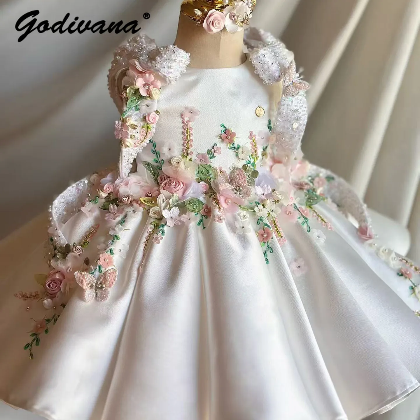 

Baby Girls High End Luxury Piano Performance Dress Kids Heavy 3D Floral Pearl Embroidery Sleeveless Birthday Party Princess Gown