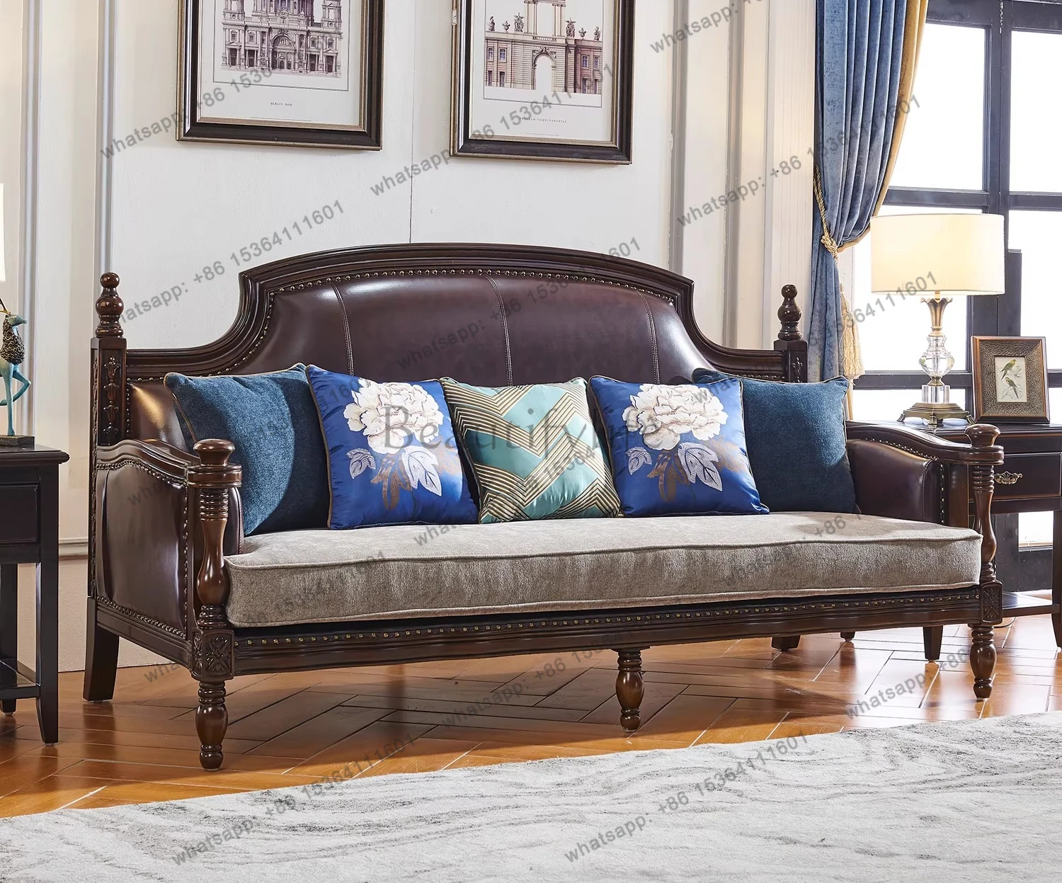American solid wood leather sofa simple cloth seat wrapping leather cloth combined with armrest cowhide sofa