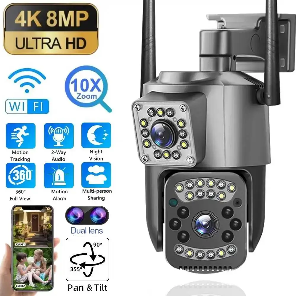 8MP 4K Dual Lens WiFi IP Camera Night Vision Ai Human Detect PTZ Outdoor Video Camara Wireless CCTV Security Protection Camera