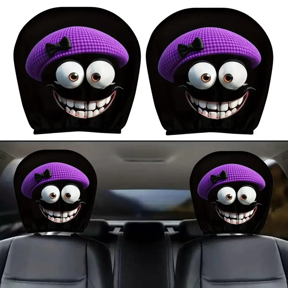 قطعتان من واقيات مسند رأس المقعد للسيارة، أغطية مسند رأس السيارة الكرتونية المضحكة، تصميم لطيف للعين - ملحقات السيارة الداخلية #3